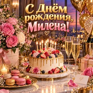 Открытка «С Днём рождения, Милена!» Милене с тортом и шарами