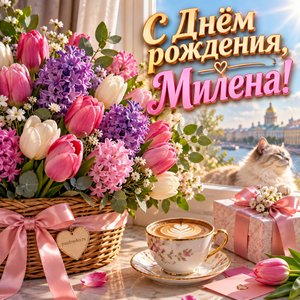 Открытка «С Днём рождения, Милена!» Милене с тюльпанами в корзине