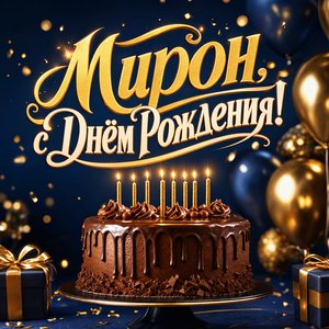 Открытка с Днем Рождения Мирону с шоколадным тортом и шарами