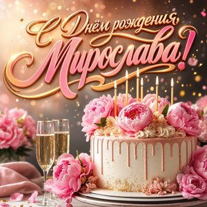 Открытка с Днем Рождения Мирославе с тортом и пионами
