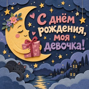 Открытка «С днём рождения, моя девочка!» с месяцем и подарком