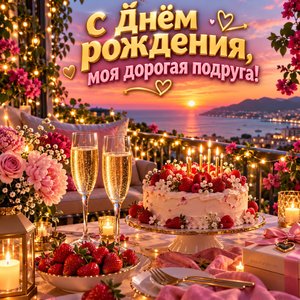Открытка «С Днём рождения, моя дорогая подруга!» подруге с просекко на закате
