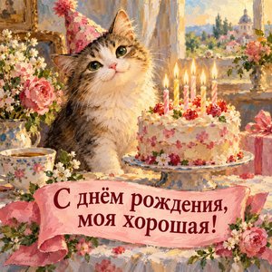 Открытка «С днём рождения, моя хорошая!» с котом в колпаке