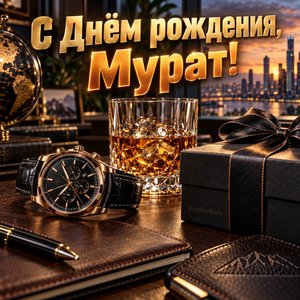 Открытка «С Днём рождения, Мурат!» Мурату с часами и виски