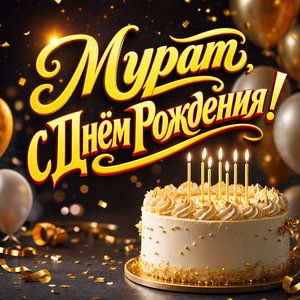 Открытка с Днем Рождения Мурату с праздничным тортом и шарами