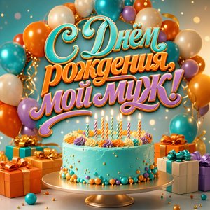 Открытка с Днем Рождения мужу с 3D тортом и шарами