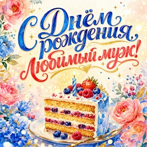 Открытка с Днем Рождения мужу с акварельным тортом
