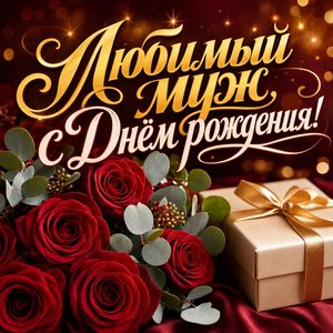 Открытка с Днем Рождения мужу с бордовыми розами и подарком