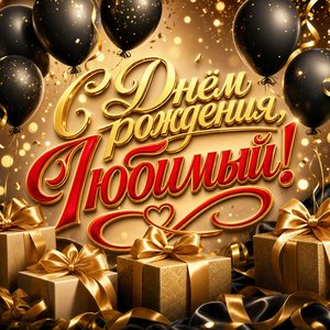 Открытка с Днем Рождения мужу с чёрными шарами и золотыми подарками