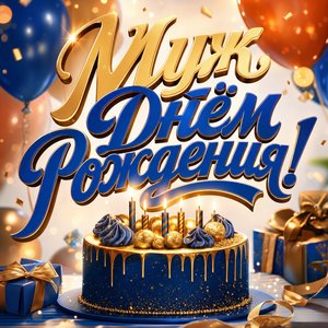 Открытка с Днем Рождения мужу с графичным тортом
