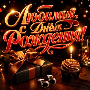 Открытка с Днем Рождения мужу с подарком и капкейком
