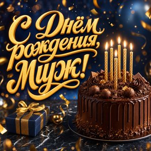 Открытка с Днем Рождения мужу с шоколадным тортом и свечами