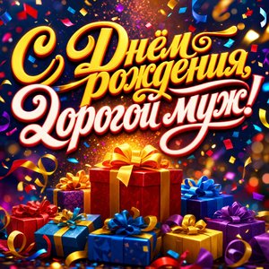 Открытка с Днем Рождения мужу с яркими подарками и конфетти