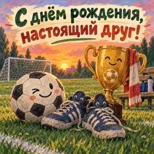 Открытка «С днём рождения, настоящий друг!» с мячом и кубком