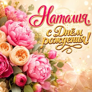 Открытка с Днем Рождения Наталии с букетом пионов