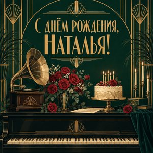 Открытка «С днём рождения, Наталья!» Наталье с граммофоном и тортом
