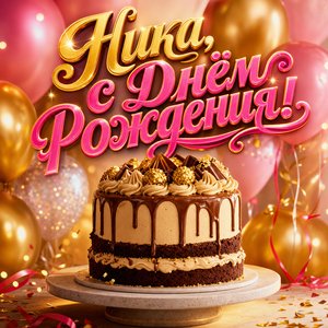 Открытка с Днем Рождения Нике с праздничным тортом и шарами