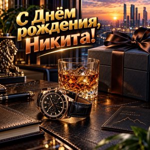 Открытка «С Днём рождения, Никита!» Никите с часами и виски