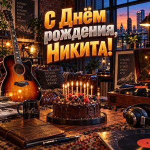 Открытка «С Днём рождения, Никита!» Никите с гитарой и тортом
