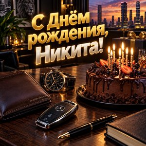Открытка «С Днём рождения, Никита!» Никите с ключами и часами