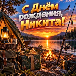Открытка «С Днём рождения, Никита!» Никите с рыбалкой и костром