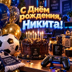 Открытка «С Днём рождения, Никита!» Никите с тортом и мячом