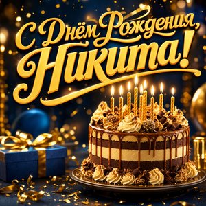 Открытка с Днем Рождения Никите с тортом и свечами