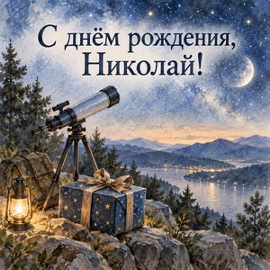 Открытка «С днём рождения, Николай!» Николаю с телескопом и звёздами