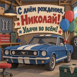 Открытка «С днём рождения, Николай! Удачи во всём!» Николаю с классической машиной