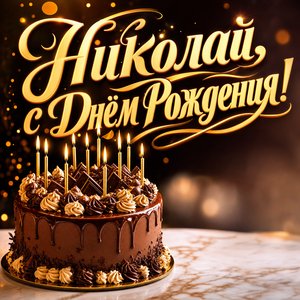 Открытка с Днем Рождения Николаю с шоколадным тортом и свечами