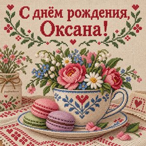 Открытка «С днём рождения, Оксана!» Оксане с чашкой цветов