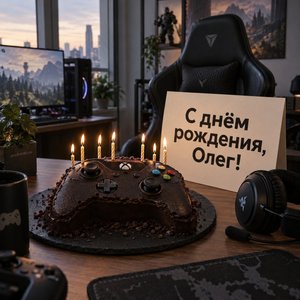 Открытка «С днём рождения, Олег!» Олегу с тортом-геймпадом