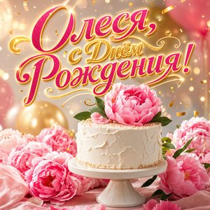Открытка с Днем Рождения Олесе с пионами и тортом