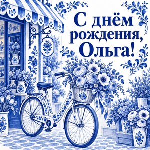Открытка «С днём рождения, Ольга!» Ольге с велосипедом и цветами