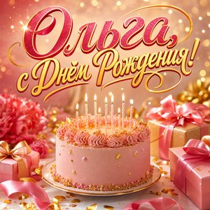 Открытка с Днем Рождения Ольге с праздничным тортом и свечами