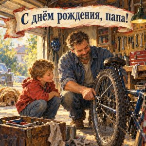 Открытка «С днём рождения, папа!» с папой и сыном