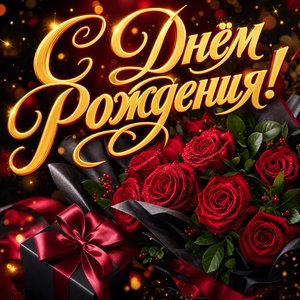 Открытка с Днем Рождения парню с букетом темных роз и подарком