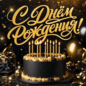 Открытка с Днем Рождения парню с черным тортом и золотыми свечами