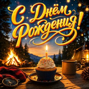 Открытка с Днем Рождения парню с капкейком у костра