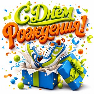 Открытка с Днем Рождения парню с кроссовками в подарочной коробке