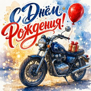 Открытка с Днем Рождения парню с мотоциклом и подарком