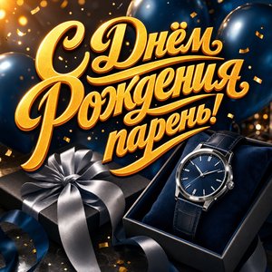 Открытка с Днем Рождения парню с подарком и мужскими часами