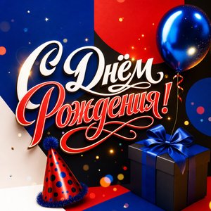 Открытка с Днем Рождения парню с подарком и праздничным колпаком