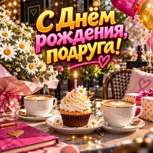 Открытка «С Днём рождения, подруга!» подруге с капкейком и шарами
