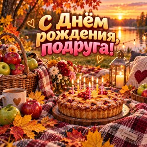 Открытка «С Днём рождения, подруга!» подруге с осенним пикником