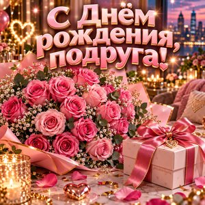 Открытка «С Днём рождения, подруга!» подруге с розами и конфетти