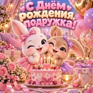 Открытка «С Днём рождения, подружка!» подружке с зайчиками и тортом