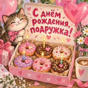 Открытка «С днём рождения, подружка!» с пончиками
