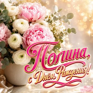 Открытка с Днем Рождения Полине с букетом пионов