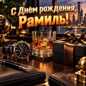 Открытка «С Днём рождения, Рамиль!» Рамилю с часами и виски